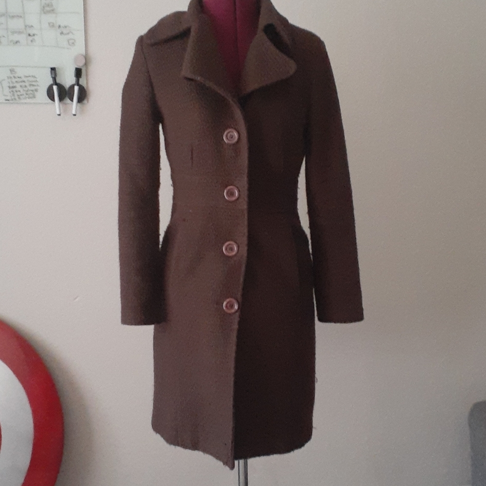Long Brown Textured Down Coat with Ppckets